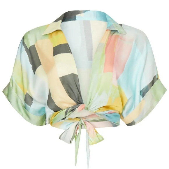 Just BEE Queen Women's Multicolor Abstract Short-Sleeve Crop Chiara Top, Size M - Picture 7 of 12